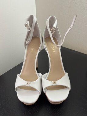 GUESS Ellsyn Dress Sandals Women's White Ankle-Strap Open-Toe Platform Heels